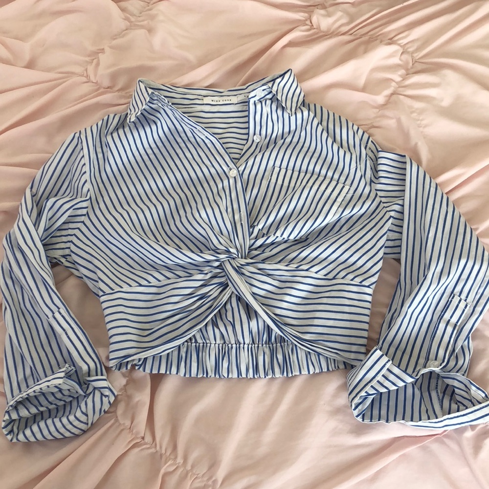 Blue striped button down crop top